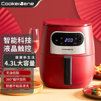 CookerBene新款空气炸锅家用无油大容量型多功能全自动电炸薯条机 红色-4.3L空气炸锅--液晶显示