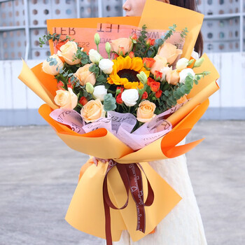 梦馨鲜花速递向日葵玫瑰混搭花束送女友老师生日礼物同城配送 向日葵香槟花束—热爱