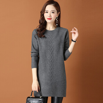 中年妇女冬季中长款打底羊毛衫女针织色毛衣衫连衣 灰色 s