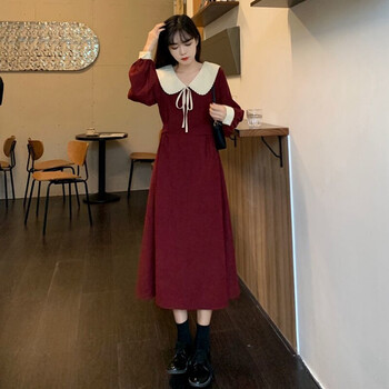 【保暖显瘦】【女装新款】秋季灯芯绒复古娃娃领蝴蝶结裙子2021年新款韩版腰带文艺连衣裙女【有运费险】 酒红色 L