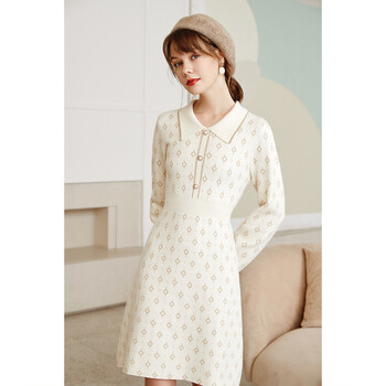 【2021秋冬新款】betu百图女装亮丝提花娃娃领软糯法式收腰显瘦中长款毛织连衣裙裙子2110T68 杏色 M