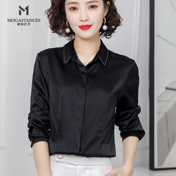 真丝衬衣女22年春季时尚纯色桑蚕丝简约舒适女士衬衫 yl2102 黑色 m