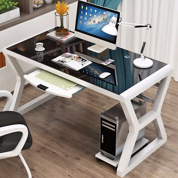 松博士 电脑桌 台式家用经济型书桌 钢化玻璃办公桌 白 黑【有键盘托