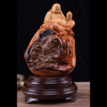 清静园崖柏根雕摆件弥勒佛客厅玄关家居装饰风水摆件公司店铺开业工艺