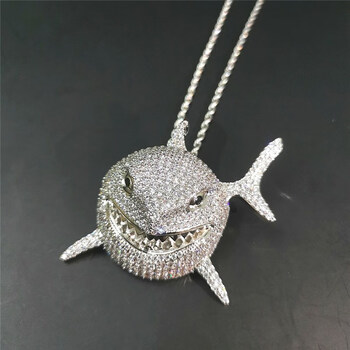 诺尼思欧美嘻哈6ix9ine鲨鱼项链锆石吊坠满钻古巴520礼物送男女友银色