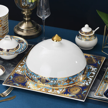 浮雕金精美骨瓷餐具鼎带盖方盘大号西餐盖帽酒店陶瓷大盖餐盘钟罩