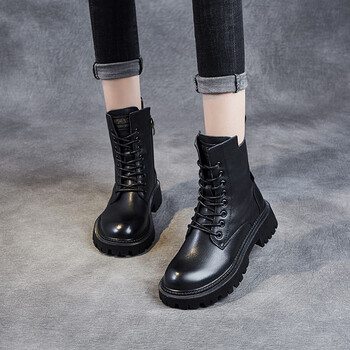 牧言（MUYAN）头层牛皮短靴2023新款女鞋春秋单靴厚底马丁靴女英伦风皮鞋女靴子 黑色【单里款】ZZM20-89 37