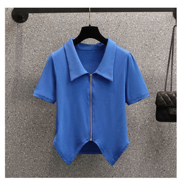 女装复古翻领燕尾短袖t恤女拉链显瘦遮肚子百搭气质上衣sn7476 宝蓝色