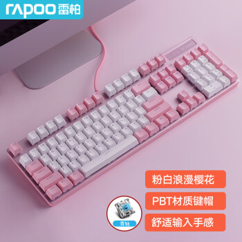 雷柏（Rapoo） V500PRO粉白版 机械键盘 有线键盘 游戏键盘 104键单光键盘 拼色键盘 PBT键帽 青轴