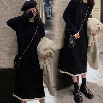 【连衣裙女秋冬款】女装秋冬韩版宽松女装潮流外穿木耳边连衣裙搭配 黑色 L