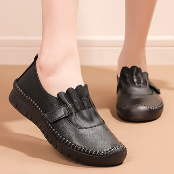 旺奈中老年皮鞋女真皮平底妈妈鞋春秋款平跟软底单鞋女式头层牛皮老年