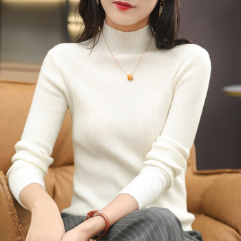 YUNDONGMA 品牌女装羊毛打底衫女秋冬女士半高领毛衣长袖套头修身显瘦内搭羊绒针织衫上衣女 白色 S