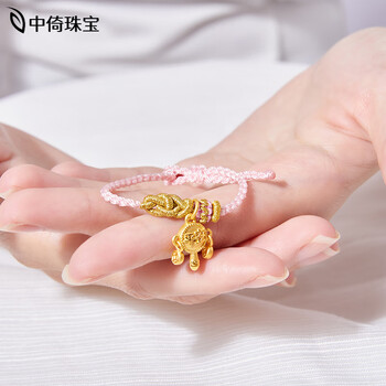 中倚珠宝拨浪鼓黄金手链999足金本命年转运红手绳手工编织宝宝金饰