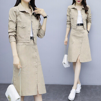 恒源祥连衣裙女装2021年秋季新款女装韩版气质减龄显瘦秋冬连衣裙长袖秋装小个子两件套套装裙子女 卡其 L