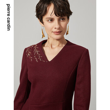 皮尔卡丹女装酒红色羊毛连衣裙时尚高端A字裙P94DL04T0 酒红色 44A(175/104A)