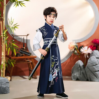 蓝贝妮汉服男童2023秋季新款改良款国风古装儿童刺绣帅气侠客服男孩