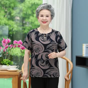 老太婆夏天衣服老人家女特大号短袖棉绸t恤衫老奶奶老年人汗衫加肥 1