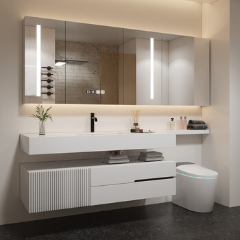 现代岩板无缝盆马桶延伸浴室柜组合智能镜柜卫生间洗漱台洗脸台盆 不