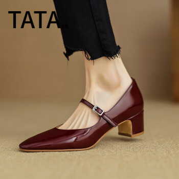 tataek她他女鞋法式漆皮玛丽珍女鞋2024春新款百搭一字扣带粗跟真皮单