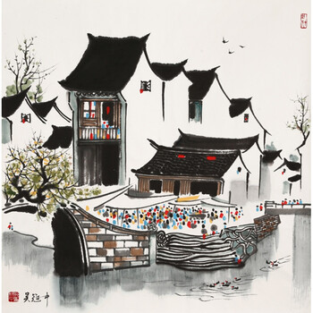 吴冠中字画精品名家四尺斗方国画江南水乡纯手绘抽象名人书画收藏纯