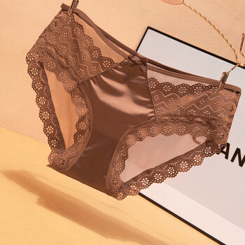 女士内裤女夏真丝绸缎丝滑短裤中腰无痕透气棉裆蕾丝三角裤薄款498