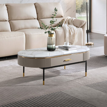 芝华仕茶几 意式轻奢客厅桌子大理石高脚圆桌家用小户型 pt060 米白色