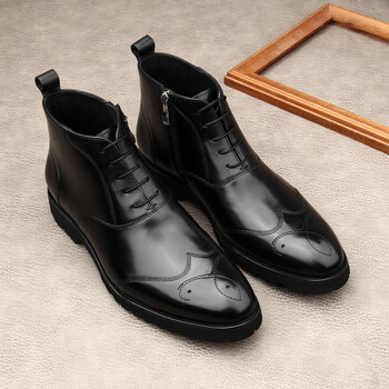 niupili商务高帮皮鞋男尖头头层牛皮工装靴英伦风黑色厚底皮短靴子潮