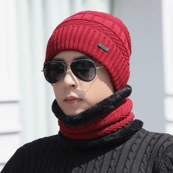 HOCR帽子男冬季保暖针织毛线帽冬天护耳防寒帽子男士加厚套帽围脖套装 英文字母铁标围脖帽子-酒红