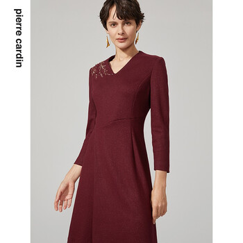 皮尔卡丹女装酒红色羊毛连衣裙时尚高端A字裙P94DL04T0 酒红色 44A(175/104A)