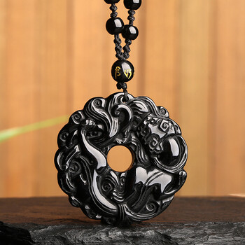 芮秀ruixiu黑曜石平安扣貔貅吊坠黑曜石皮丘毛衣链项520情人节礼物送