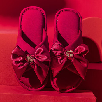 结婚情侣拖鞋四季款棉麻拖鞋婚庆大红色喜庆交叉带家用地板拖鞋949女