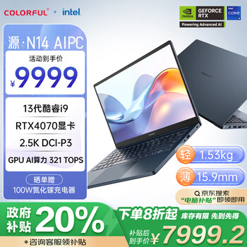 七彩虹（Colorful）源N14 13代酷睿i9 14英寸AI全能轻薄游戏笔记本电脑(i9-13900H 32G 1T RTX4070 2.5K）畅玩黑神话