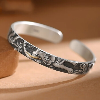 温冬999纯银复古吉象手镯男士小众古民族风镯子开口男女520礼物黑色