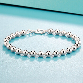 泽宸 佛珠足银手链转运珠圆珠银手串光面珠子简约银手环时尚生日礼物