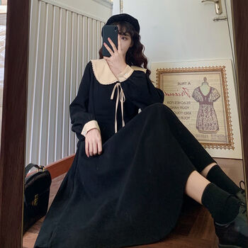 【保暖显瘦】【女装新款】秋季灯芯绒复古娃娃领蝴蝶结裙子2021年新款韩版腰带文艺连衣裙女【有运费险】 酒红色 L