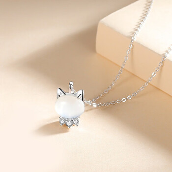 心梦同行粉萌猫咪项链女925银锁骨链白玉髓萌趣卡通小猫毛衣链长款