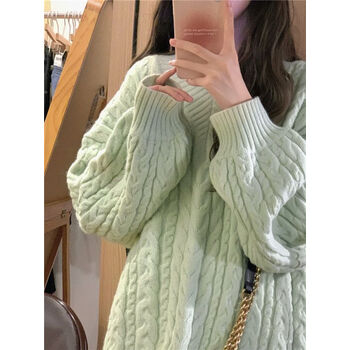 薇恋梦岚糯叽叽毛衣慵懒风甜美软糯粉V领麻花加厚毛衣女学生秋冬针织外套 绿色毛衣（加厚版） 2XL
