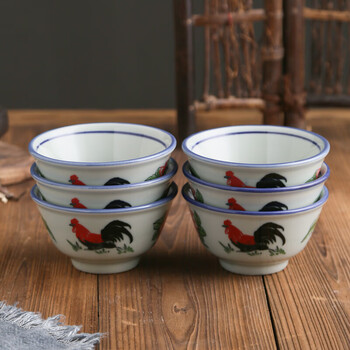 怀旧家用复古青花瓷鸡公碗陶瓷米饭碗单个手绘公鸡碗老式餐具套装45