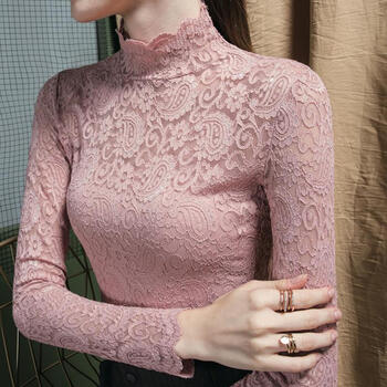 欧蓝逞全蕾丝内搭打底衫女四季新款洋气高领网纱紧身蕾丝衫性感上衣女