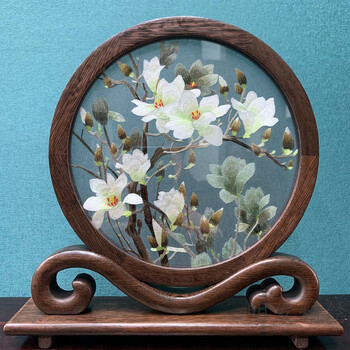 【2022新款】苏绣摆件 苏绣刺绣摆件手工成品如意架小型鸡翅木台屏