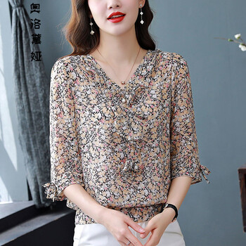 女士夏新款v瓴时尚上衣小衫短袖宽松碎花洋气打底衫遮肚黄色m90105斤