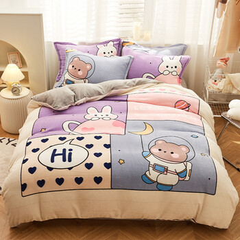 品牌家纺卡通牛奶绒大版印花四件套儿童可爱床上4件套保暖绒毛男生
