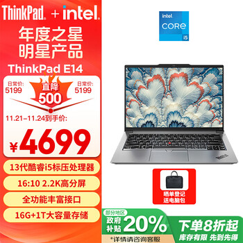 ThinkPad 联想E14笔记本电脑 14英寸便携商务办公学生轻薄本 酷睿i5-13500H 16G 1T 2.2K 100%sRGB 银色
