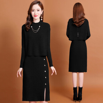 恒源祥秋冬连衣裙女小个子女装套装裙子韩版气质百搭针织连衣裙新款针织裙秋装女21年连衣裙女长袖中长款 黑色 均码