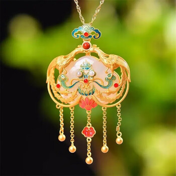 百年老凤祥项链s925纯银国潮宫廷风景泰蓝凤凰牌吊坠珐琅彩镶嵌流苏