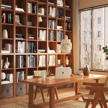 巢府实木满墙格子柜落地樱桃木书架书柜自由组合置物架现代简约储物柜