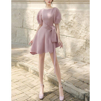 原创设计师女装女巫和骑士春装茱萸粉淡雅气质立体剪裁设计感连衣裙收腰裙子 粉色 S