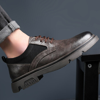 夏季透气擦色工装风皮鞋男夏天男士潮流百搭低帮商务休闲鞋 卡其色 41