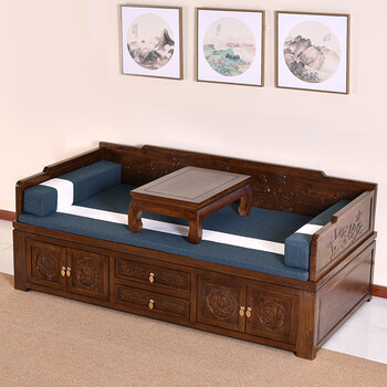 新中式客厅老榆木2米储物款罗 箱体雕花罗汉床 炕桌 坐垫【图片 价格