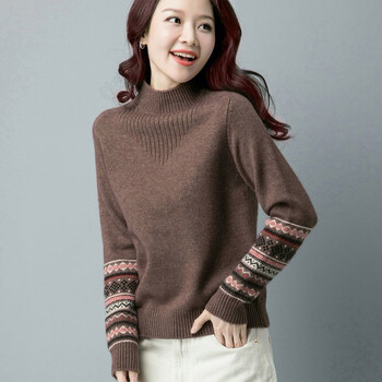 柏诺雅新款针织衫女羊毛衫女半高领毛衣加厚秋冬季长袖民族风条纹针织